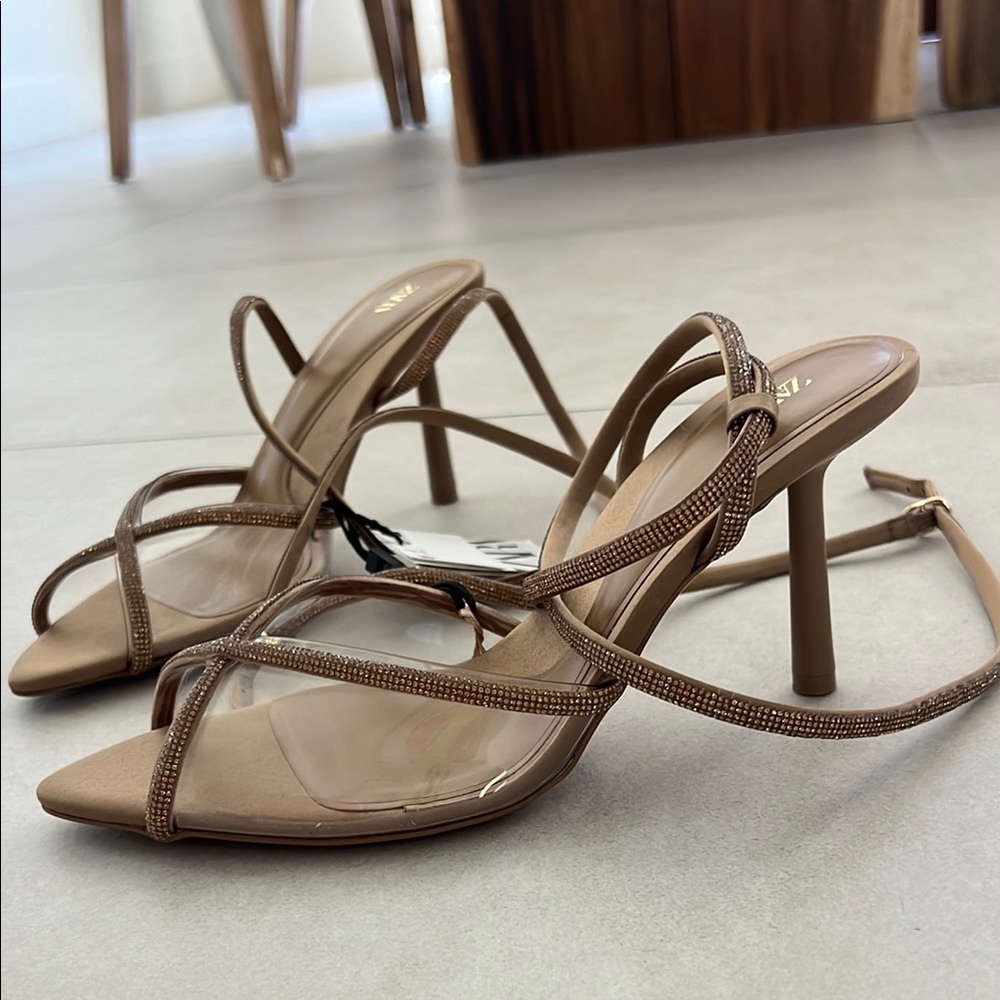 Zara Tan Sparkly PVC Strappy Heels